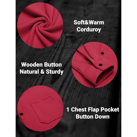 ❤️ Men's Corduroy Shirt Casual Shacket  Long Sleeve Button Down Jacket-Red - Picture 4 of 5